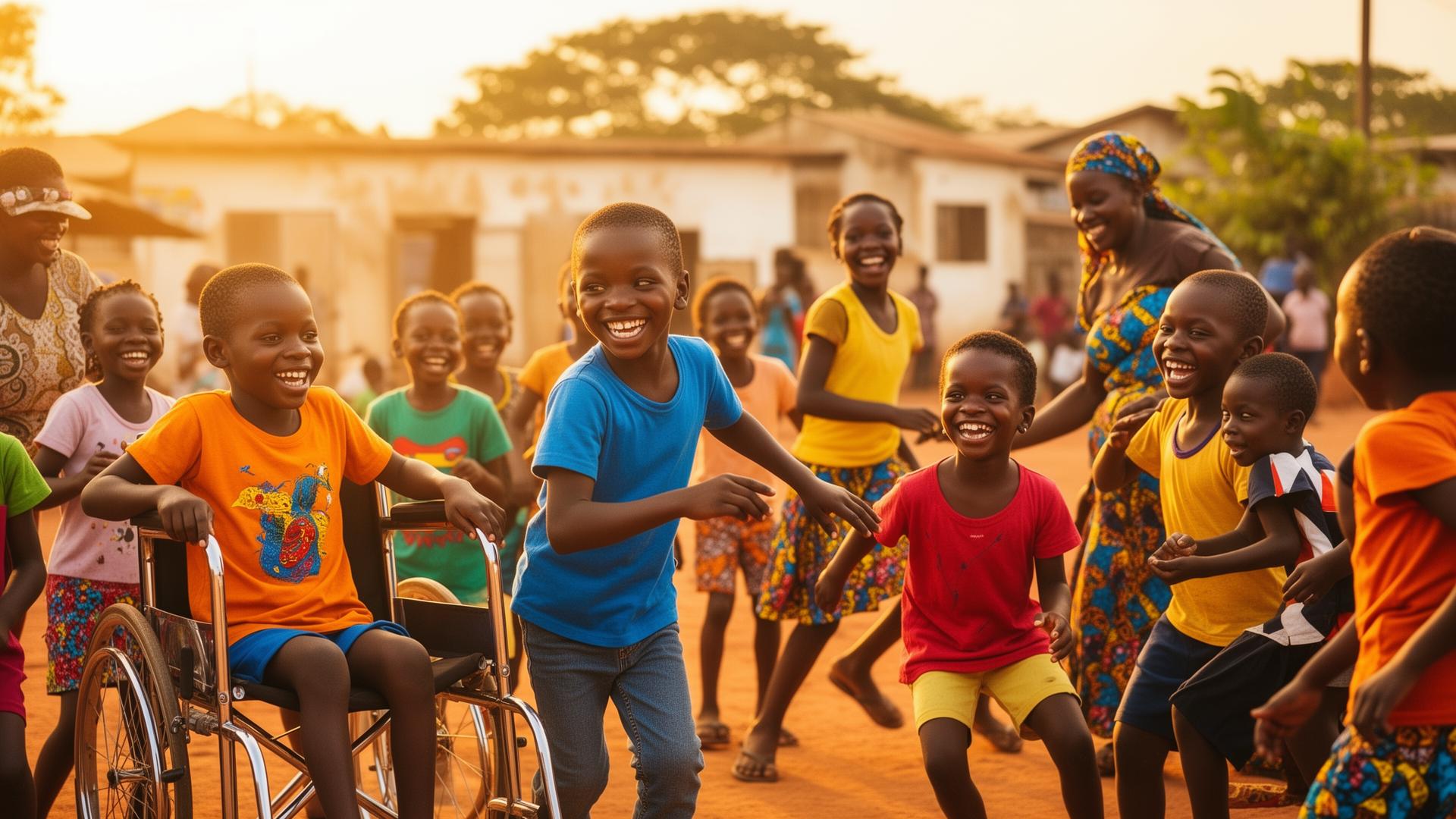 Joyful Ghanaian children of diverse abilities playing together in their community